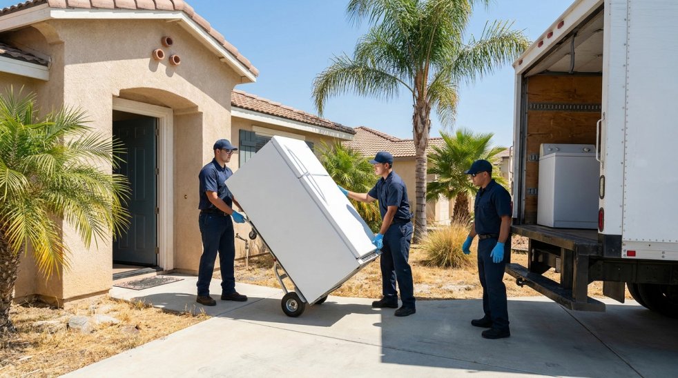 Junk removal crew hauling a refrigerator from a home to a truck in a suburban driveway