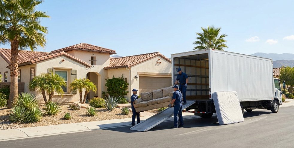 Furniture removal crew loading a sofa and mattress into a truck outside a Southern California home