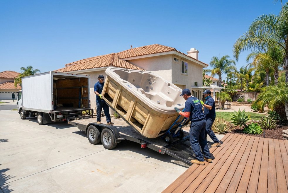 Junk removal crew loading a hot tub onto a trailer outside a suburban home in Southern California