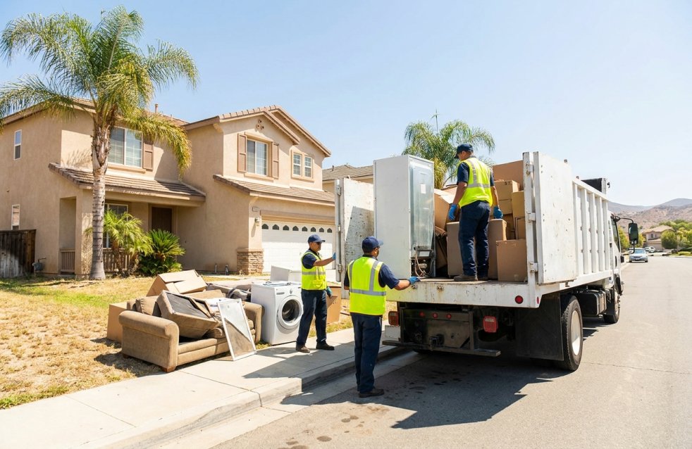 Junk removal crew loading furniture and appliances from a suburban home into a truck