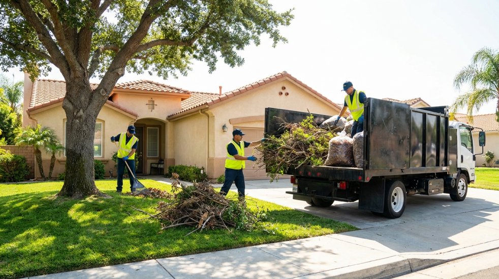 Yard waste removal crew loading branches and debris into a truck at a suburban home